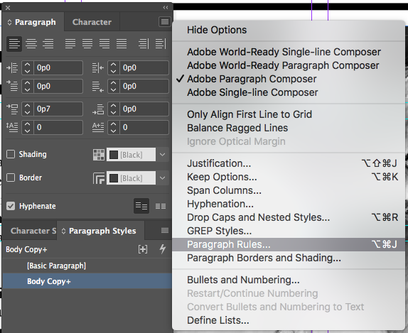 Paragraph Rules Menu