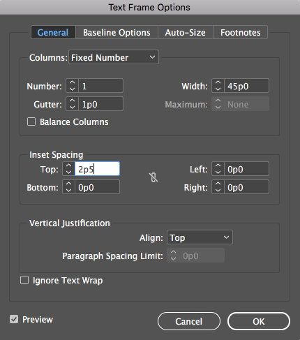 Text Frame Options