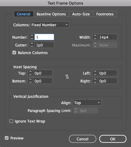 Text Frame Options: 3 Columns